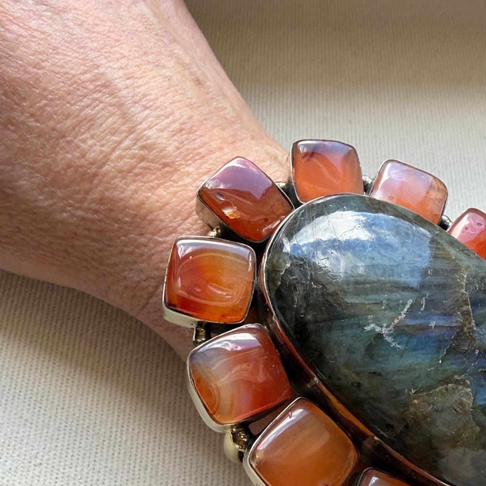 Silver Labradorite and Carnelian colors Statement Cuff Bracelet - Picture 3 of 5